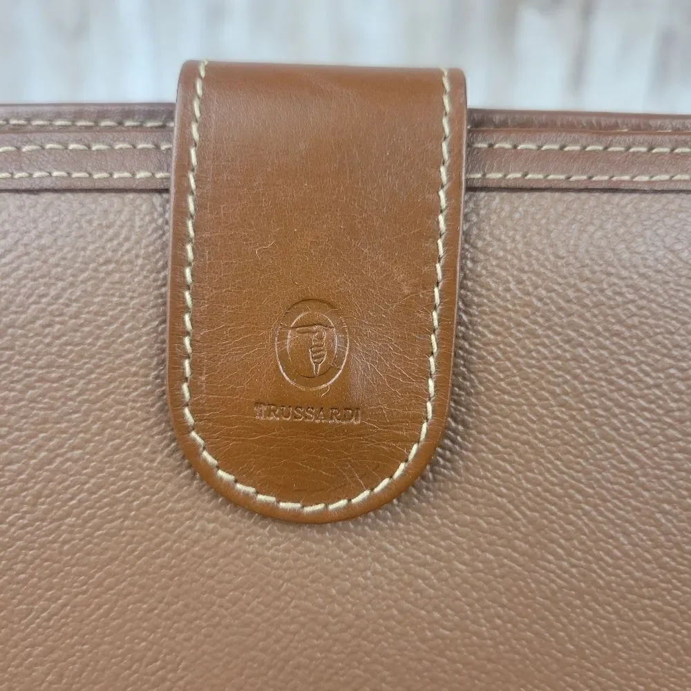 Vintage Trussardi Brown Leather Bifold Wallet with Checkbook Sleeve Portmanteau